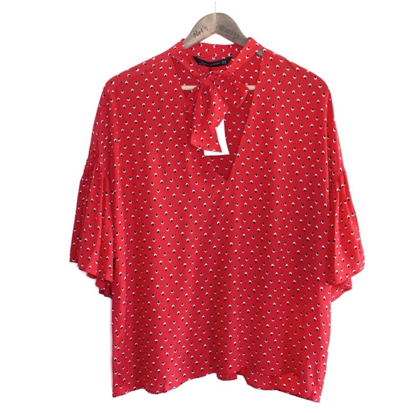 Zara NWT Bold Red Print Oversized Flutter Sleeve Blouse with Pussy Bow XS S - Picture 4 of 10